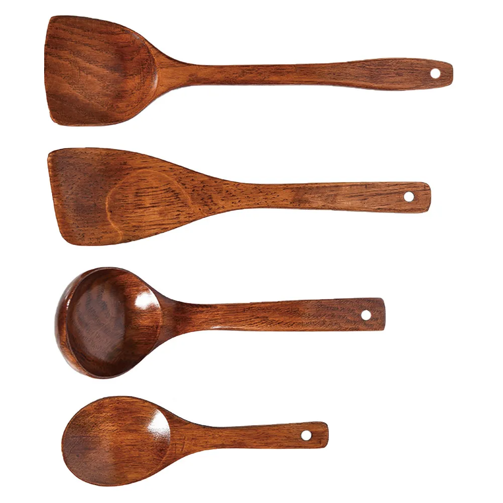 4-Piece Natural Wood Serving Scoop Set with Long Handles – Eco-Friendly Sturdy Kitchen Utensils for Home & Restaurant
