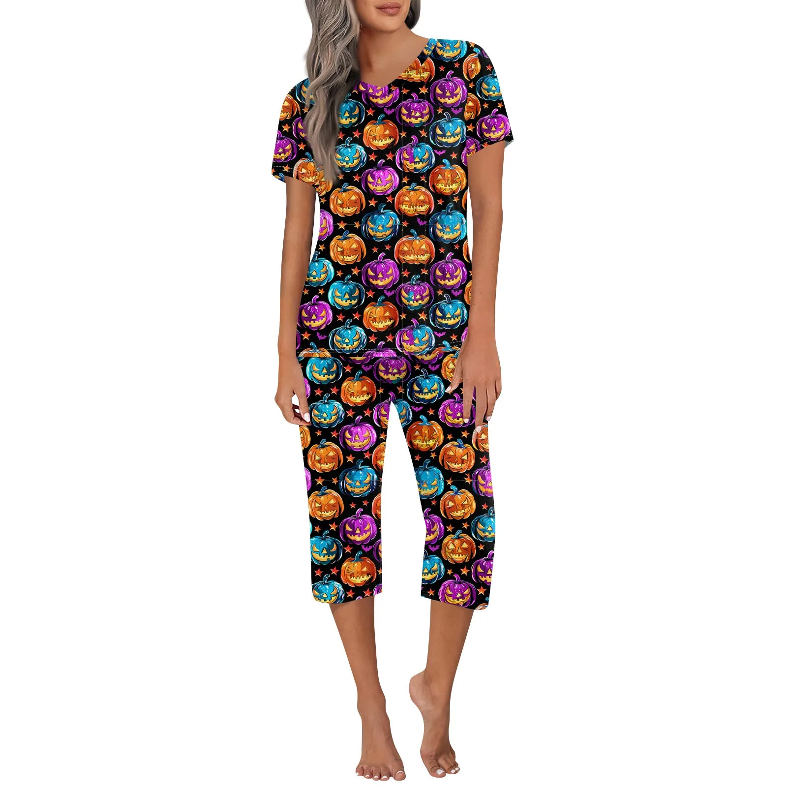 Women\'S New Pajama 2-Piece Set Casual V-Neck Short Sleeve Capris Nightwear Set Halloween Print Classic Comfy Pajama