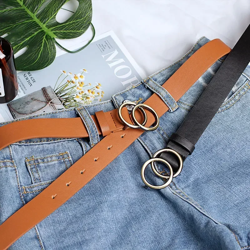 2.8 X105cm Women Fashion Double Ring Circle Metal Buckle Belt Wild Waistband Ladies Leather Straps Belts for Leisure Dress Jeans