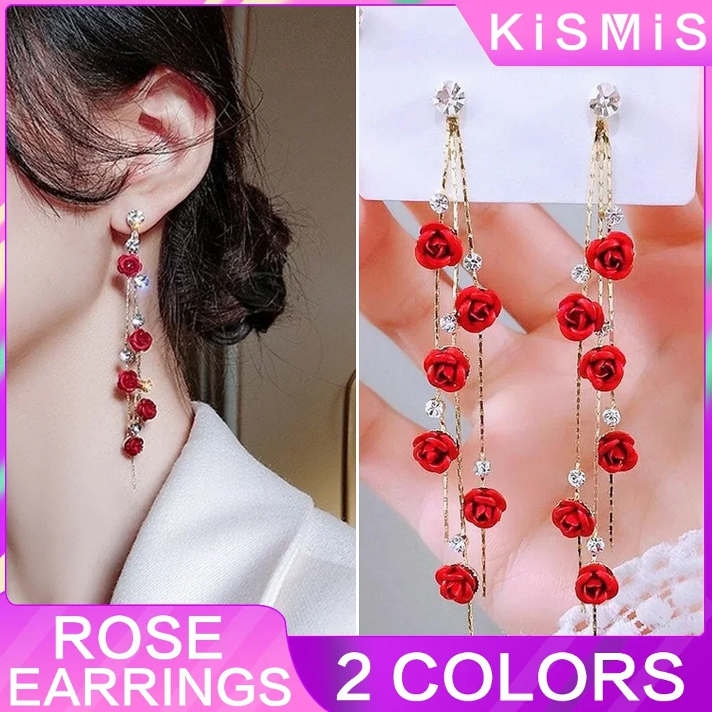 Hot New Exquisite Women's Fashion Kismis Diamond Rose Long Tassel Earring Jewelry Gift