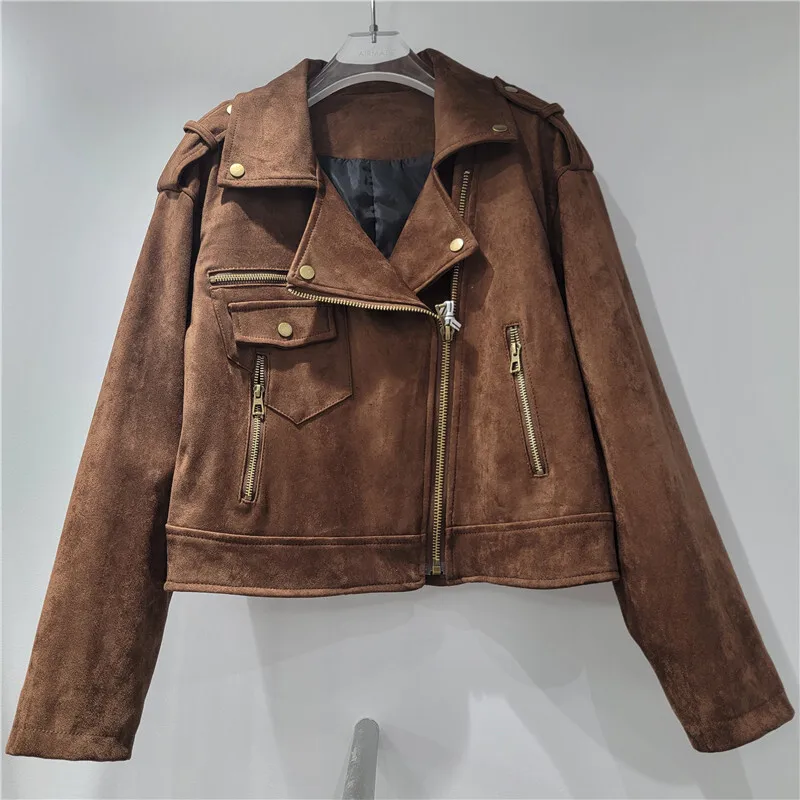 WTHT 패션 트렌디 여성 빈티지 지퍼 디자인 PU 가죽 오토바이 재킷 2025 여름 라펠 긴팔 코트 여성 1LS2123