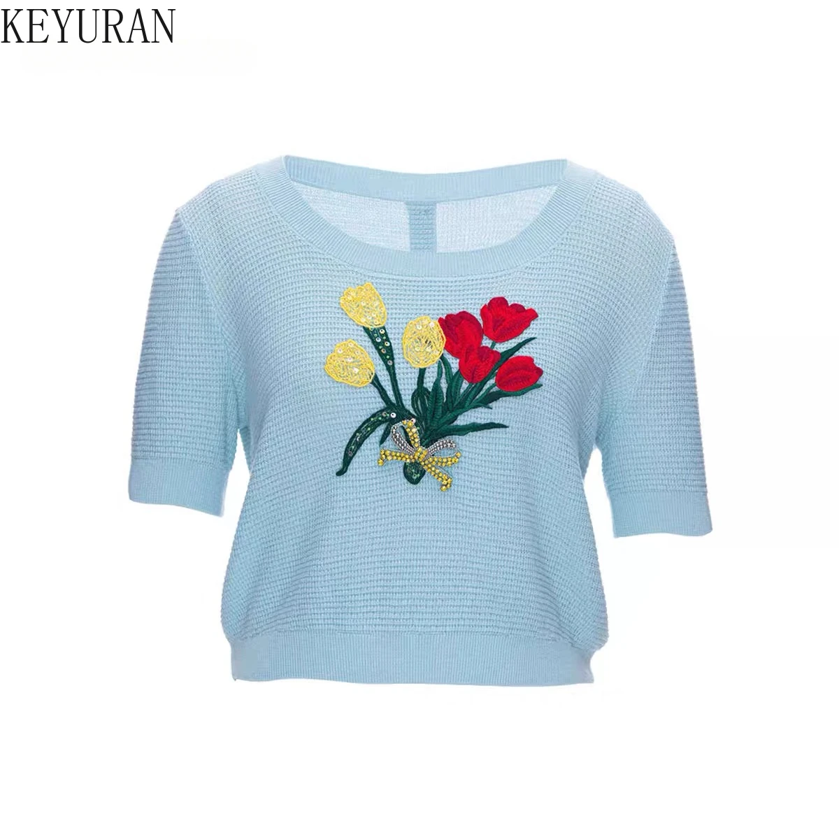 2024 Summer Flower Embroidery Sequin Short Sleeve Sweate Women Knit T-shirt Vintage Fashin O-Neck Knitwear Crop Top Female Tees