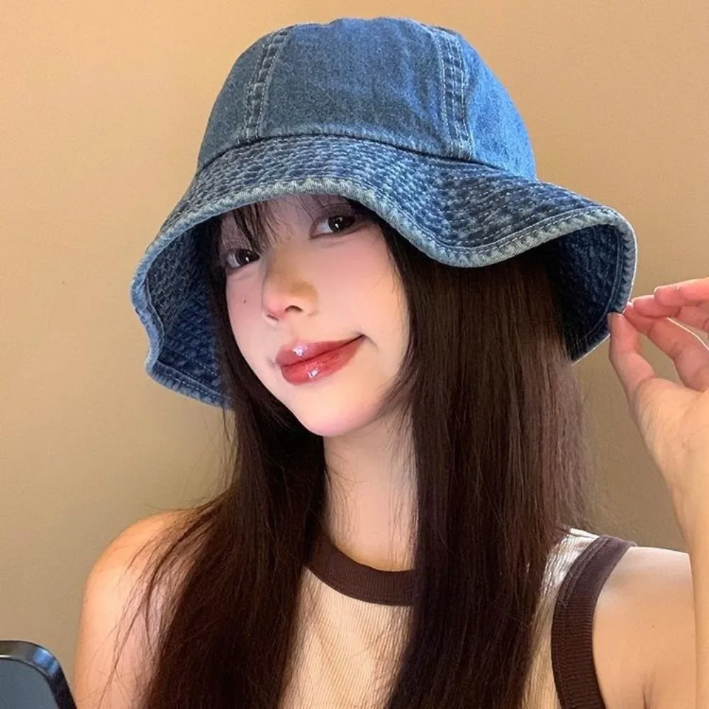 قبعات دلو من قماش الدنيم الناعم خفيفة الوزن واسعة الحواف قبعة صياد ريترو أزرق أسود للحماية من الشمس قبعة حوض رياضية #3