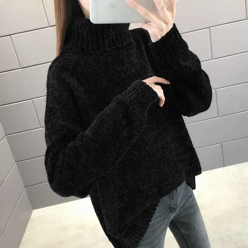 Chenille Turtleneck Sweater Wanita Musim Gugur dan Musim Dingin 2023 Mode Baru Longgar Warna Solid Pullover Lengan Panjang Atasan Rajut