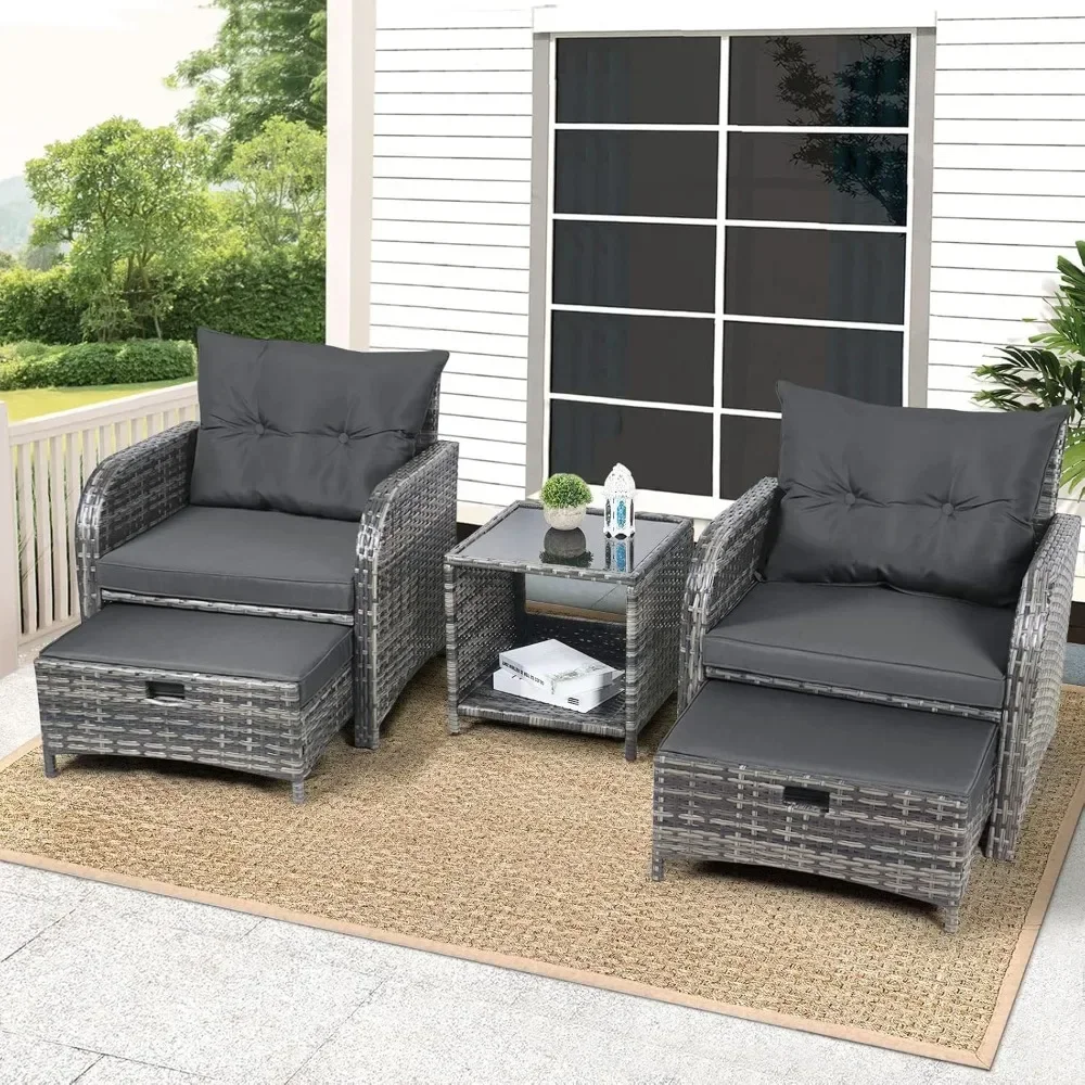 

5-Piece Wicker Patio Chairs Set with Ottoman, Outdoor Furniture w/ Foot Rest, PE Rattan Arm Chairs for Garden Relaxation