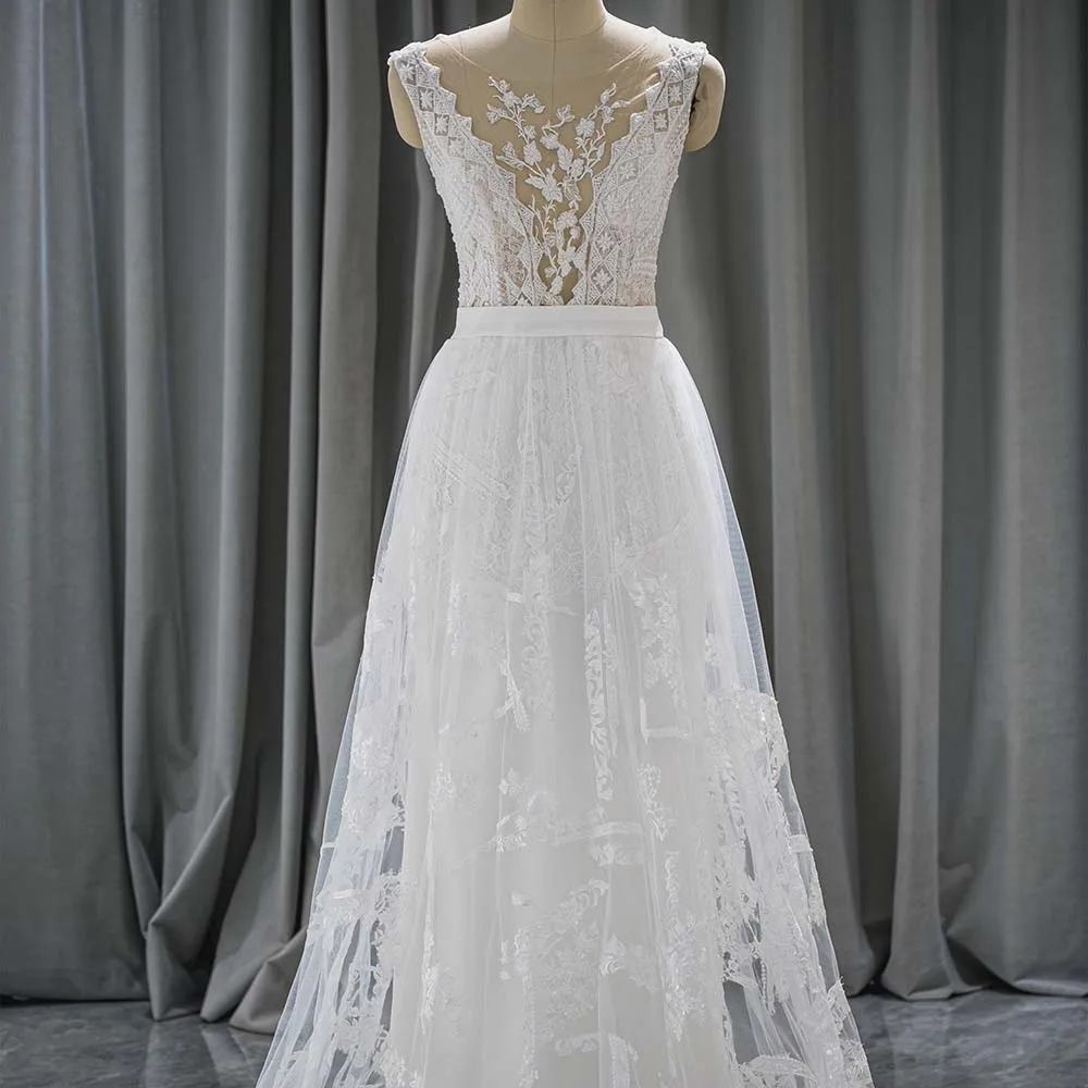 Flash Sale Wedding Dress 2024 Elegant Wedding A-line Button Sleeveless O-Neck Illusion Lace Vestido De Noiva QW01557