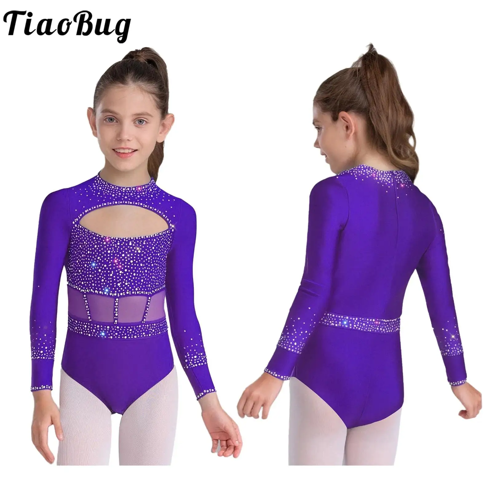 

Kids Girls Figure Skating Jumpsuit Ballet Dance Acrobatics Rhythmic Gymnastics Leotard Costume Long Sleeve Cutout Front Bodysuit