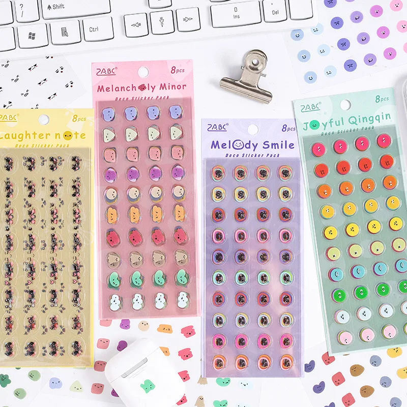 8pcs Kawaii Expression Stickers Waterproof PET Stickers Pack Children\'s Cute Stickers for Scrapbooking Aesthetic Stationery