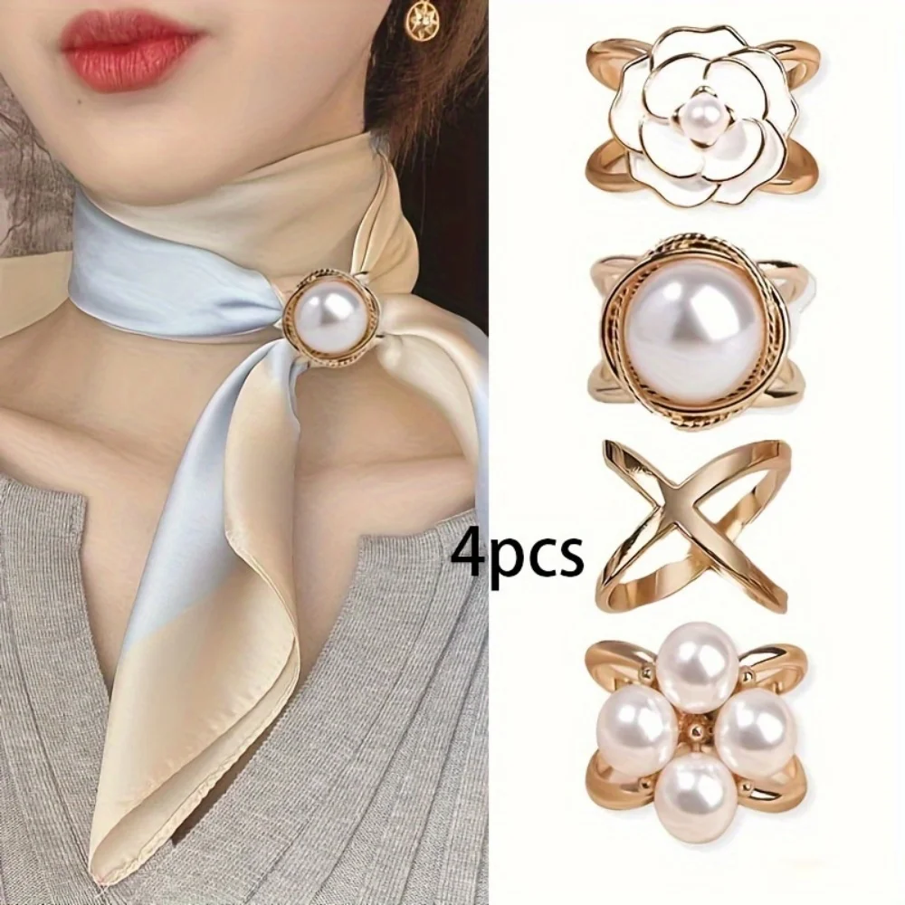 4pcs Elegant Golden Faux Pearl Scarf Clip Set - Multifunctional Metal Corner Knot and Ring Clip, for Safe,able Scarf Fixing