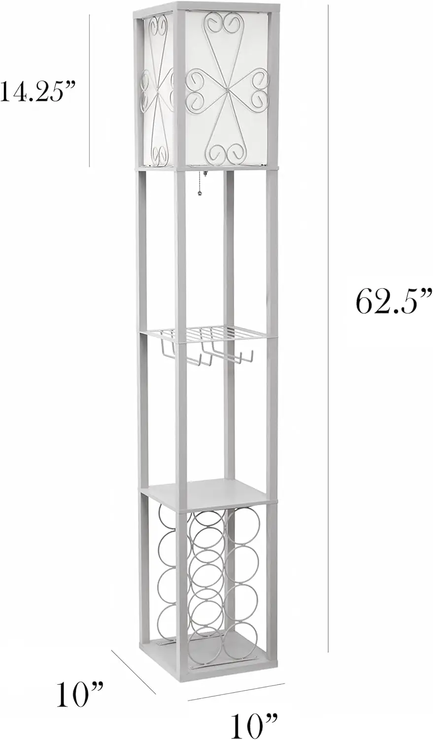 LF1015-GRY-LB Rak Etagere 3 Tingkat dengan Rak Anggur & Lampu Lantai, Abu-abu, Kap Lampu Linen Putih, Termasuk Bohlam LED Feit