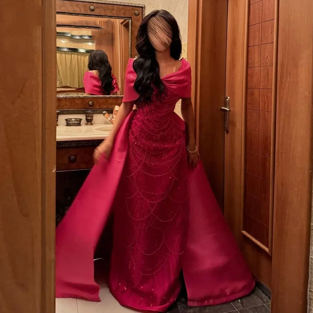 

Customized Rose Red Bow Shawl Off the Shoulder vestidos de noche Mermaid Beading Party Dresses Floor-Length Prom robes de soirée