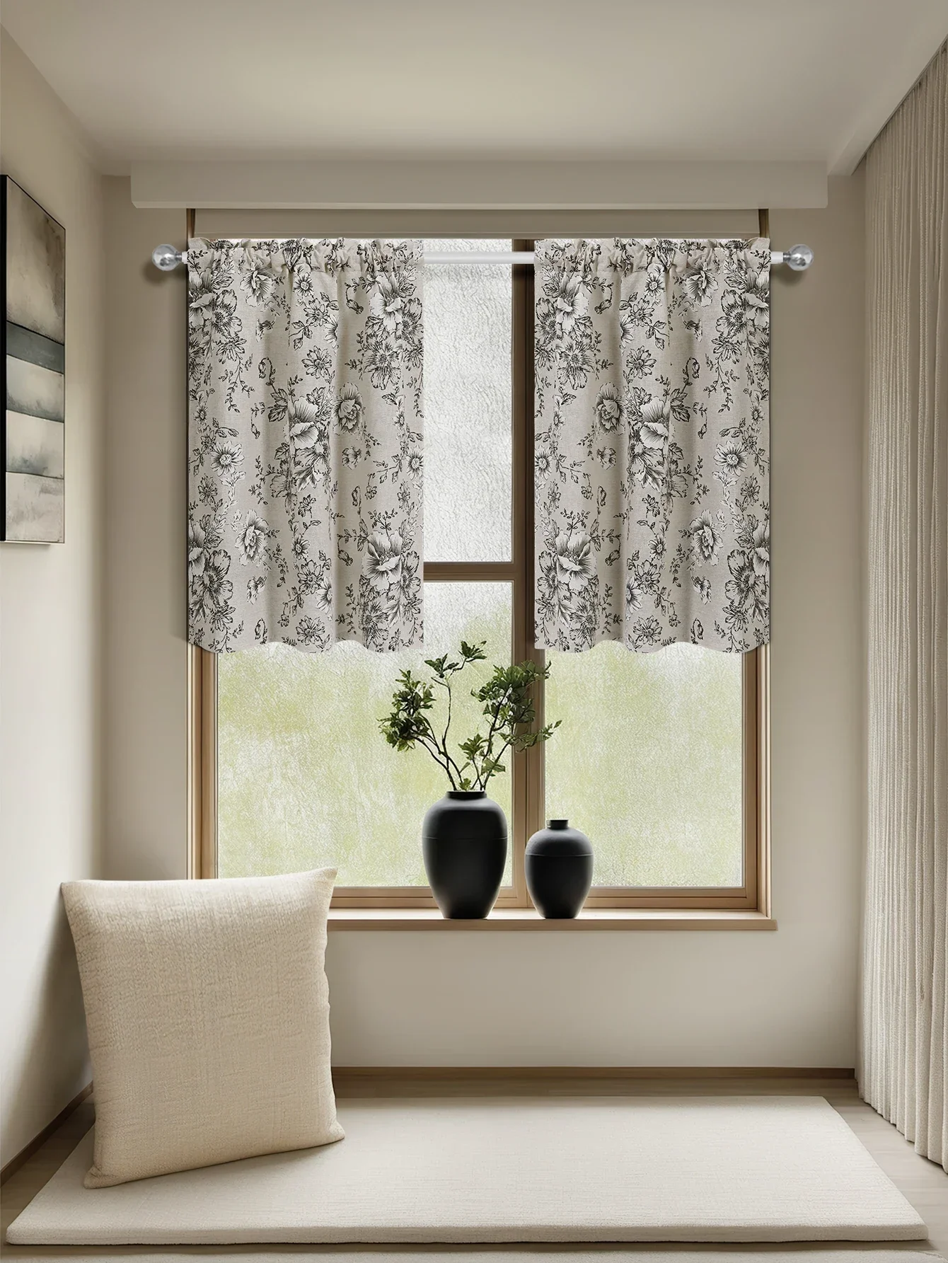 1pc Small Window Curtains for Bedroom Short Curtain for Bathroom Living Room, Peony Print Through Rod Blackout Curtains (95%)