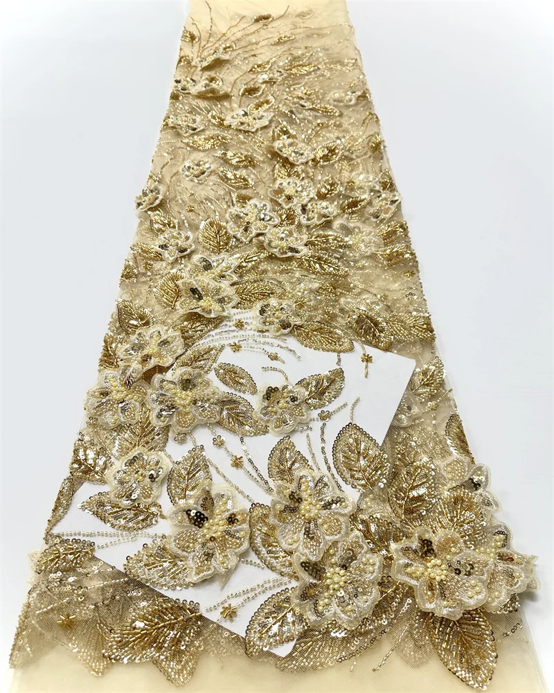 

Африканская 3D вышитая цветочная сетка с бусинами, ткань с вышитыми блестками, нигерийское свадебное платье, вышивка, ткань для одежды