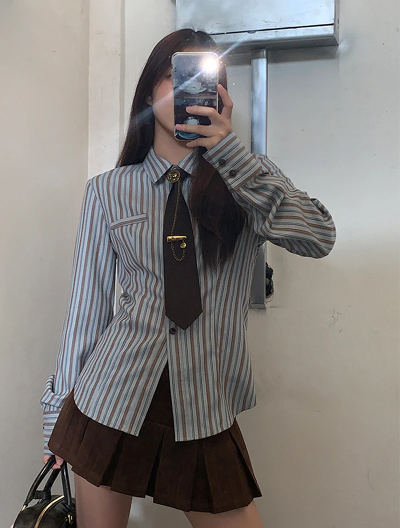 

GIDYQ Vintage Striped Shirts Women Y2K Streetwear Harajuku Tie Long Sleeve Blouses Fashion All Match Preppy Style Top Spring New