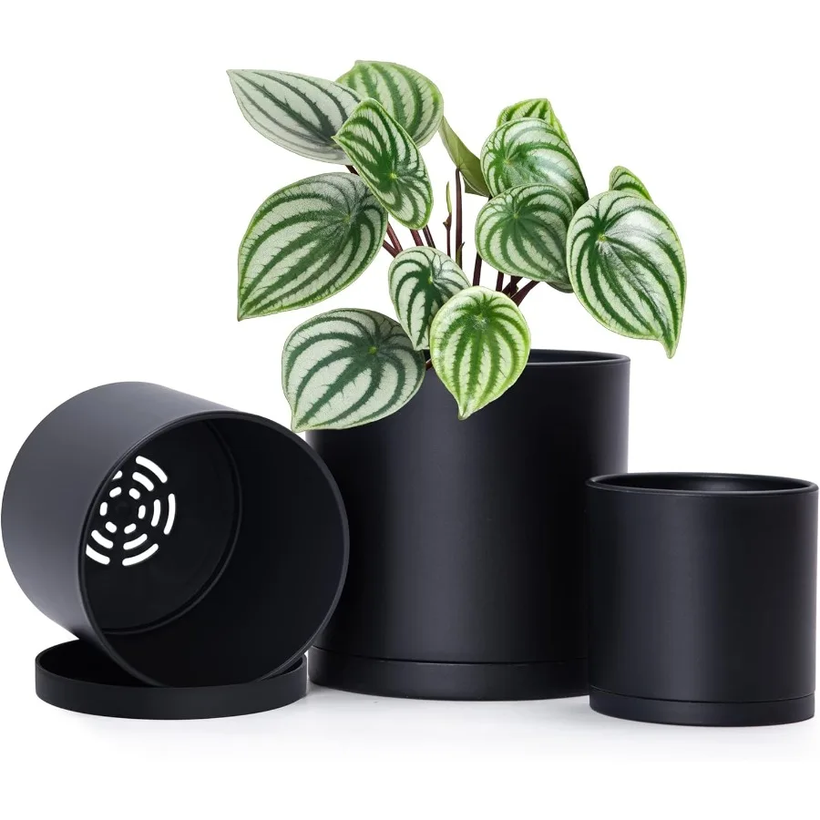 

4 Inch 5 Inch 6 Inch Set of 3 Plastic Planter Pots for Plants with Drainage Hole and Seamless Saucers Black Color Small 74VB1