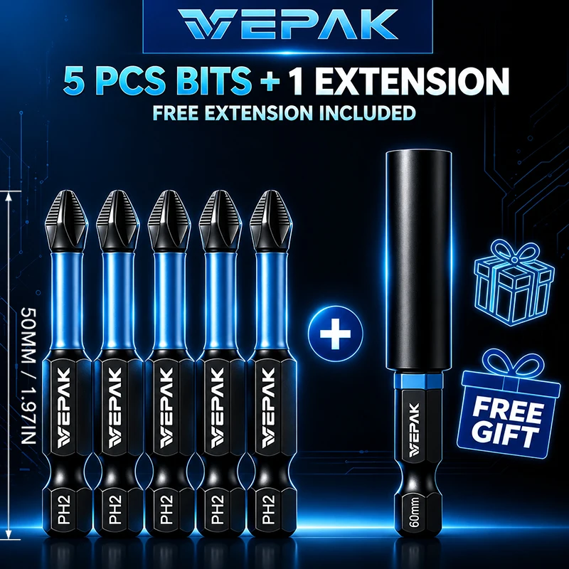 VEPAK 5PCS PH2 Anti-Slip PH Impact Screwdriver Bits Free 60mm Magnetic Bit Holder Included High Hardness Drill Driver Bits