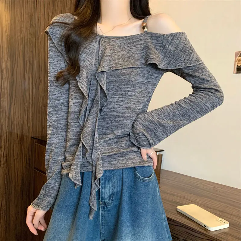 

Fashion Off Shoulder T-shirt Slim Female Clothing Ruffles Spliced Spring Autumn Irregular Commute Elegant Skew Collar Pullovers