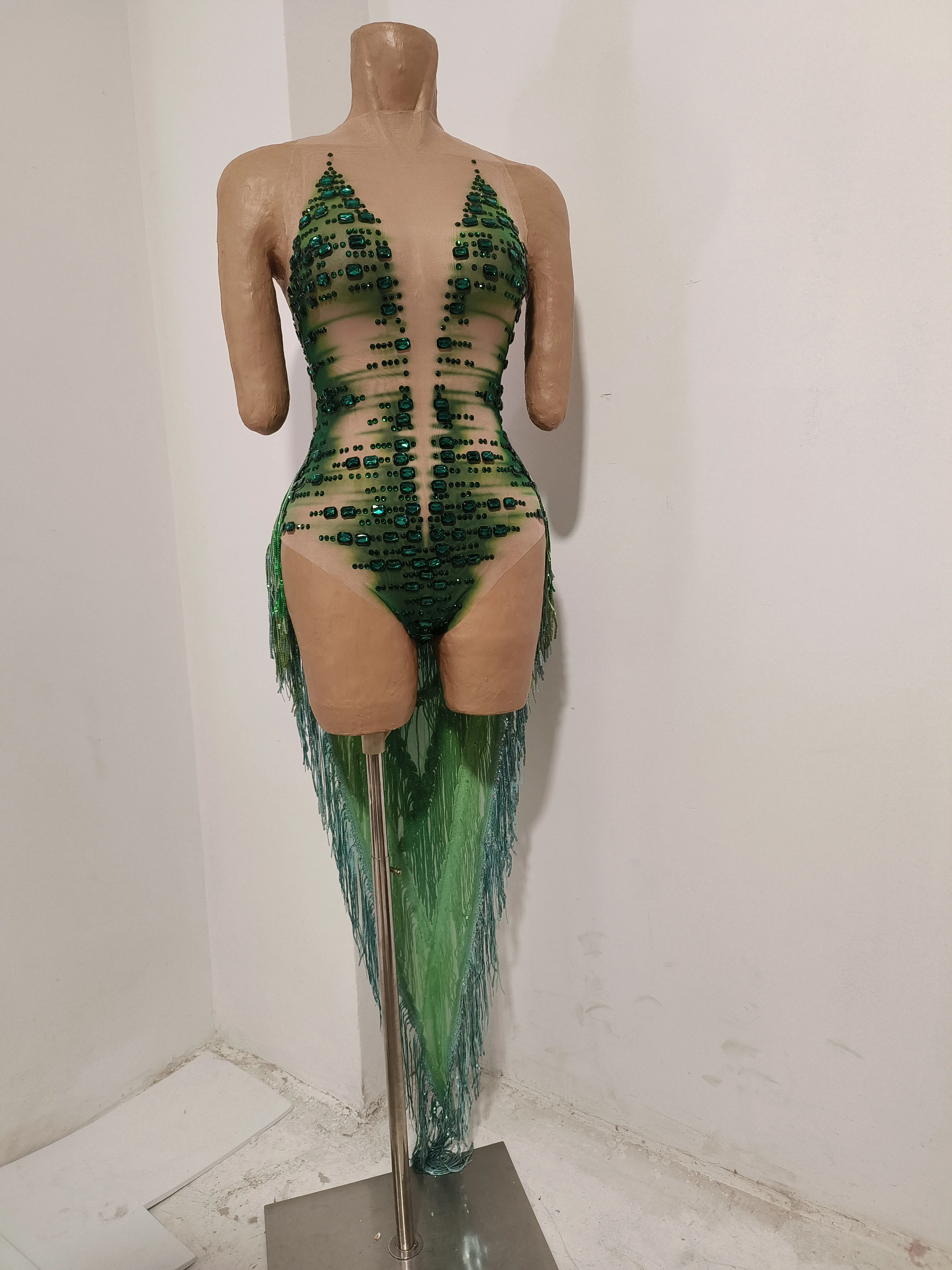

Sparkly Green Diamond Tassel Bodysuits Sexy Transparent Backless Nightclub Evening Party Singer Dancer Stage Performance Outfitr