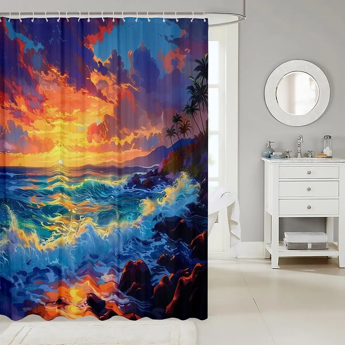 Dramatic Sunset Beach Ocean Shower Curtain Waterproof Tropical Seascape Bathroom Decor Art Home Shower Liner Vibrant Coastal Wat