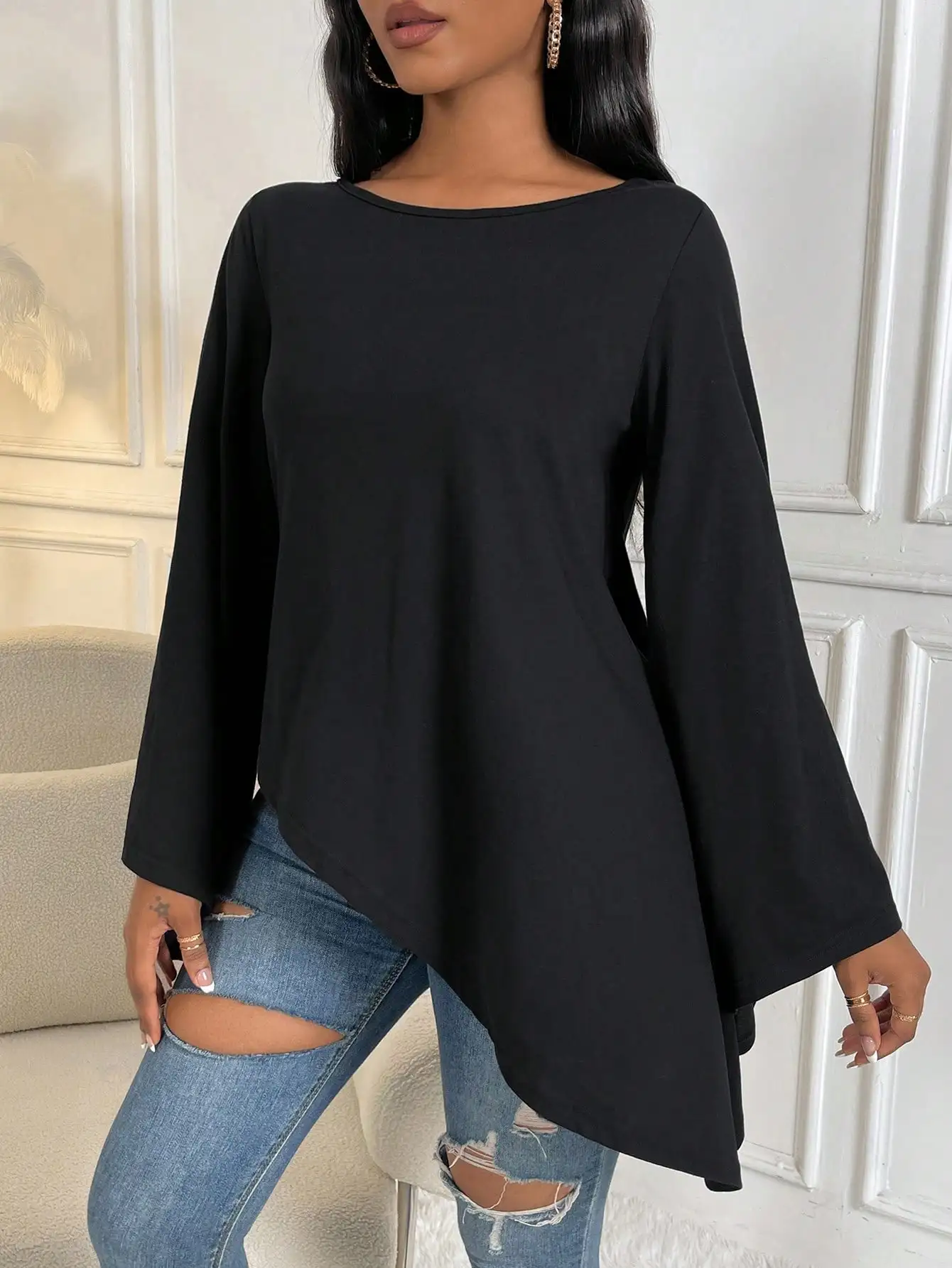 2024 new flared sleeve solid color leisure versatile V -neck fashion T -shirt women