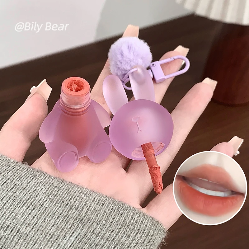 Bily Bear Cute Rabbit Keychain Lip Mud Velvet Matte Liquid Lipstick Silky Cream Texture Long Lasting Waterproof High Pigment Por