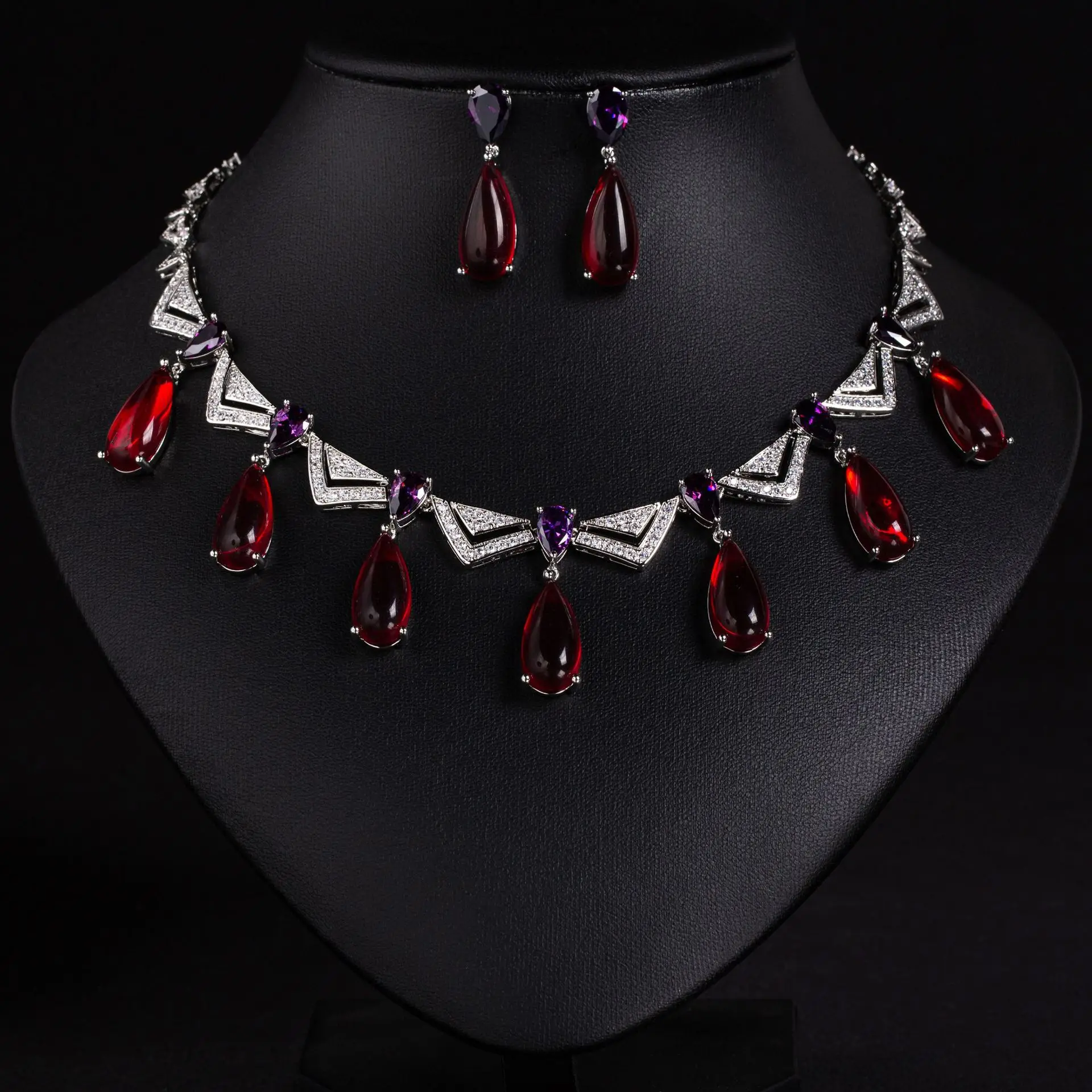 HIBRIDE Hot senior dazzling teardrop necklace earrings temperament women's costume jewellery set wedding party gift S-809