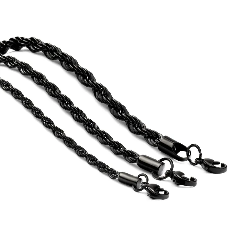 

Black Twisted Rope Long Chain Necklace for Men Boys,Waterproof Stainless Steel Links Collar,Classic Simple Male Jewelry Gift