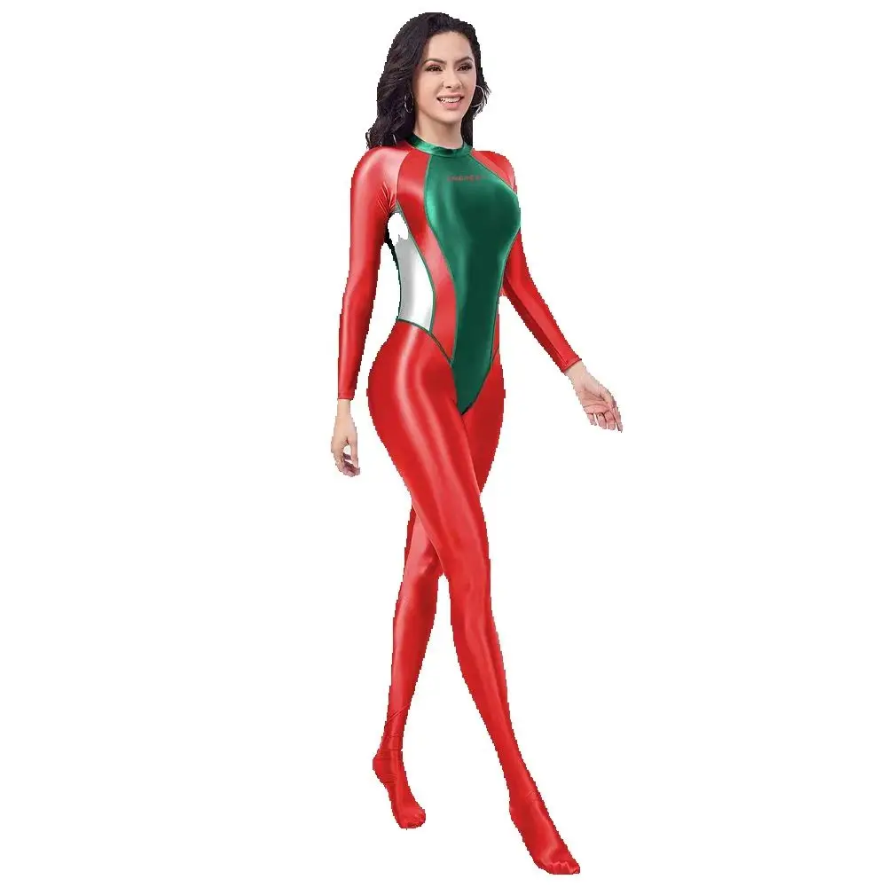 know dream Long sleeved foot hugging jumpsuit Christmas color scheme, holiday long sleeved spandex bodysuit, competitive suit
