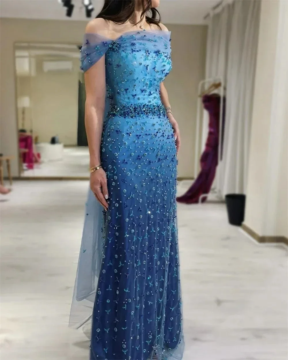 Customized Formal Dress Saudi Arabia Evening Asymmetrical A-line Floor Length Flower Tulle Bespoke Occasion Dresses Prom Gown