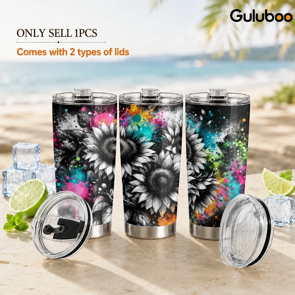 Black Flower Sea Vacuum Flasks 20oz Insulated Tumbler Stainless Steel Coffee Cup Leakproof Sliding Lid for Work Travel