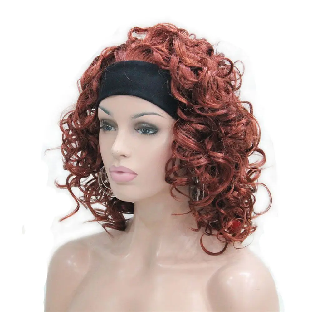 Peruca de cabelo curto encaracolado com bandana preta para mulheres, perucas vermelhas, 3/4 peruca meia, 16 polegadas