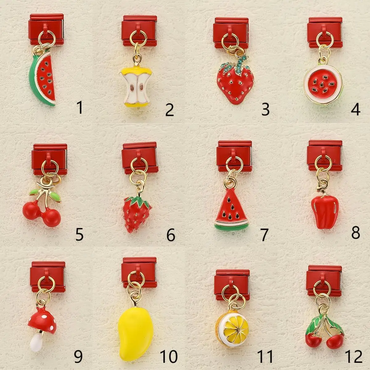 Cherry Strawberry Watermelon Pendant Red Italian Module DIY Stainless Steel Bracelet Accessories