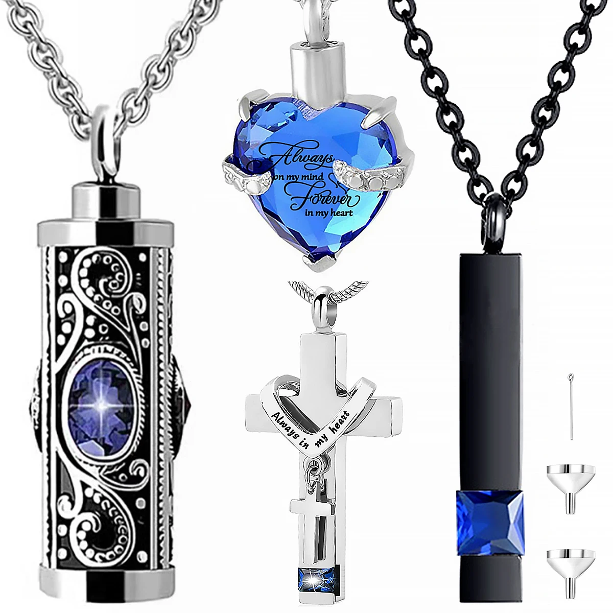 

4Pcs Urn Necklace Set Stainless Steel Cremation Jewelry Heart Cylindrical Cross Rectangular Ashes Keepsake Waterproof Urn