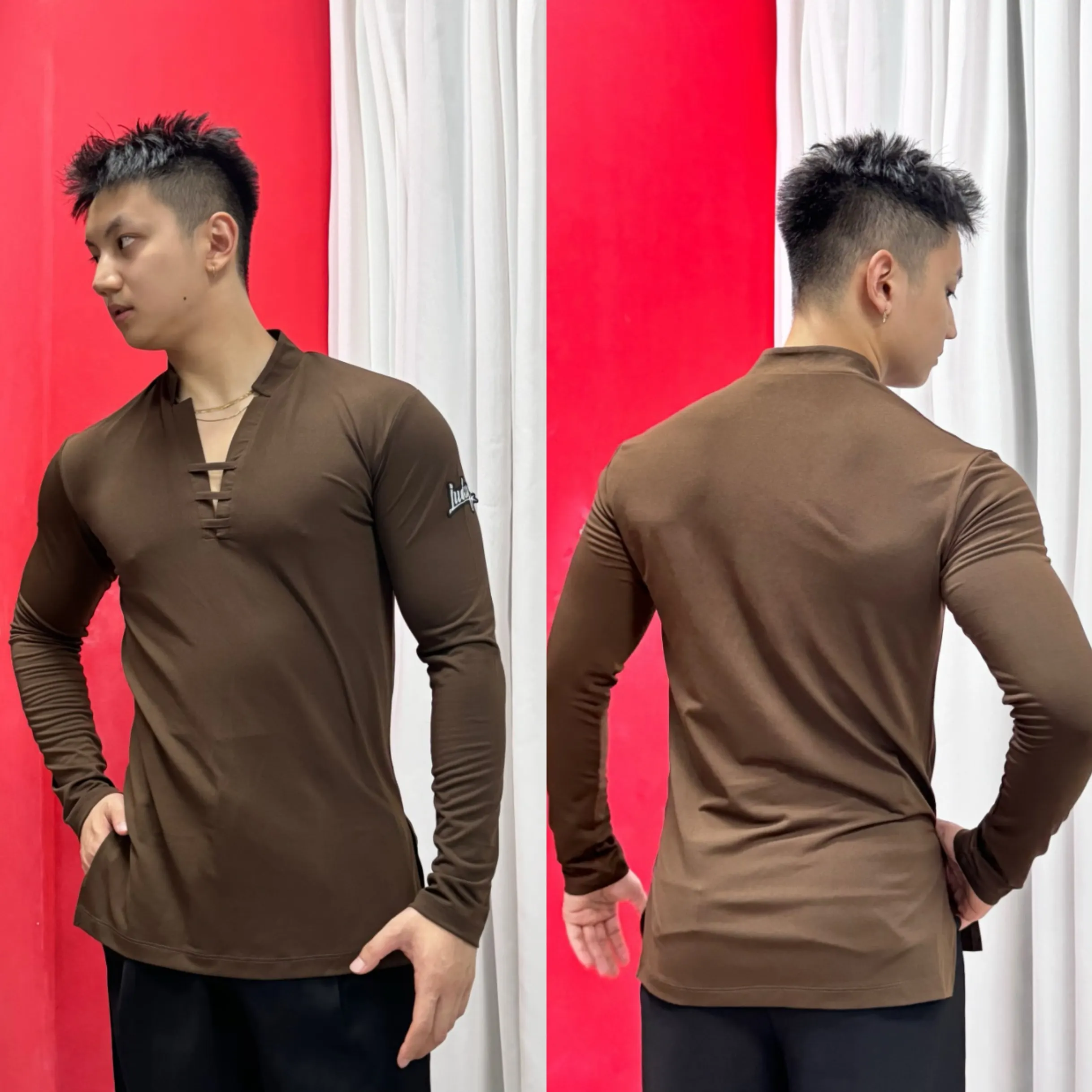 

Male Costumes National Standard Slimming Latin Dance Clothes Professional Practice V-neck Long Sleeve Top Latin Clothes DN20811