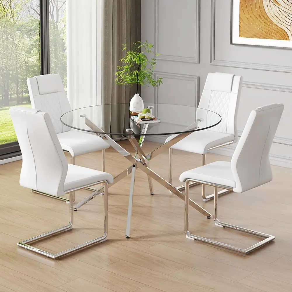 Round Glass Dining Table Set For 4, Round Kitchen Dining Table Chairs Set For 4, 47 Inch Modern Glass Dining Table Set For 4