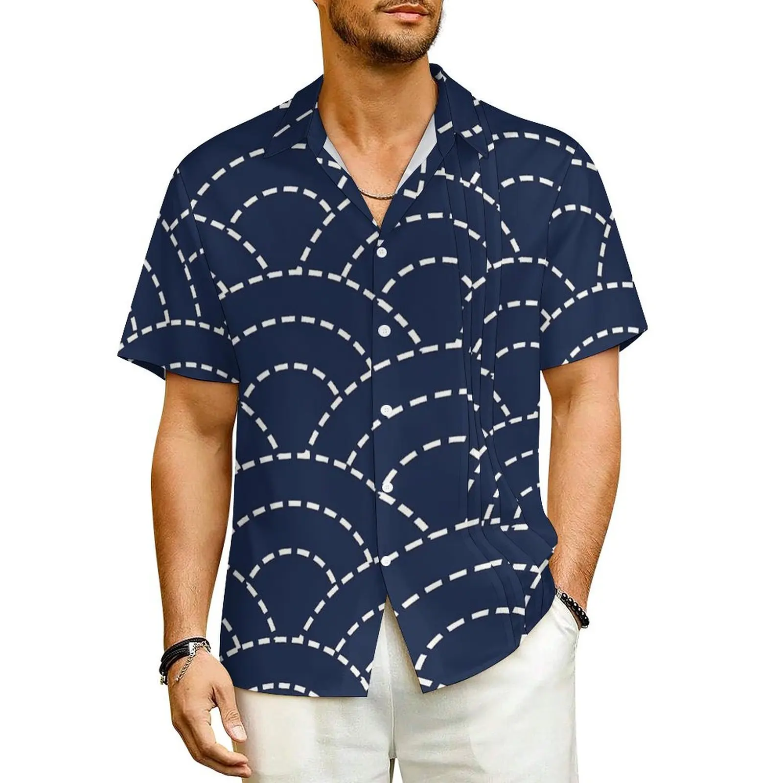 

Blue Seigaiha Wave Vacation Shirt Man Japanese Art Cool Casual Shirts Hawaii Short Sleeves Y2K Fashion Design Oversize Blouses