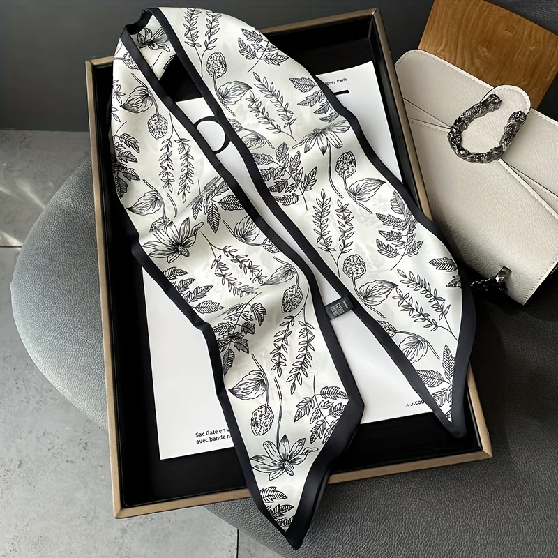 Double Sided Plant Print Scarf Slender Neckerchief French Elegant Inelastic Neck Scarf Hairband