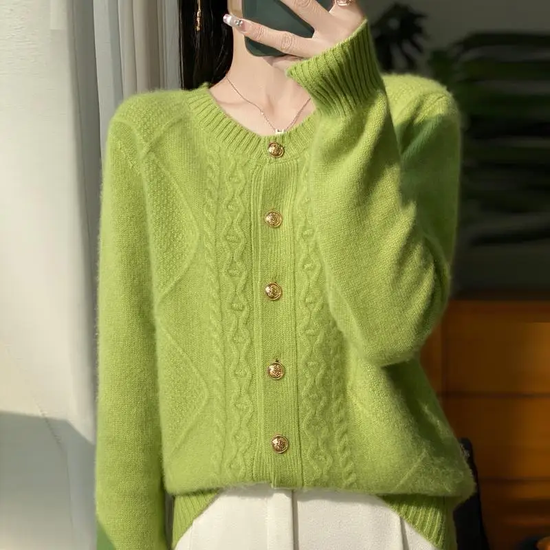 프랑스 라이트 럭셔리 여성용 스몰 향기 울 가디건, 두꺼운 라운드넥 자카드 니트 스웨터