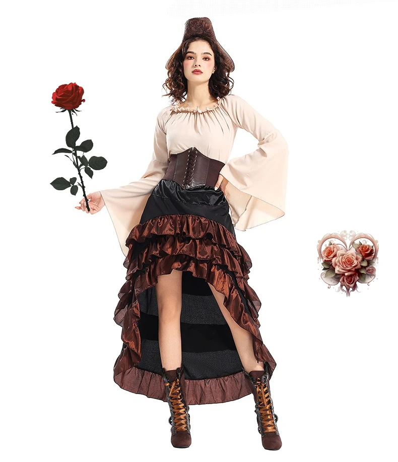 

Medieval Women Caribbean Pirate Costume Vintage Corset Ruffled Sexy Gothic Skirt Halloween Cosplay Carnival Fancy Party Dress