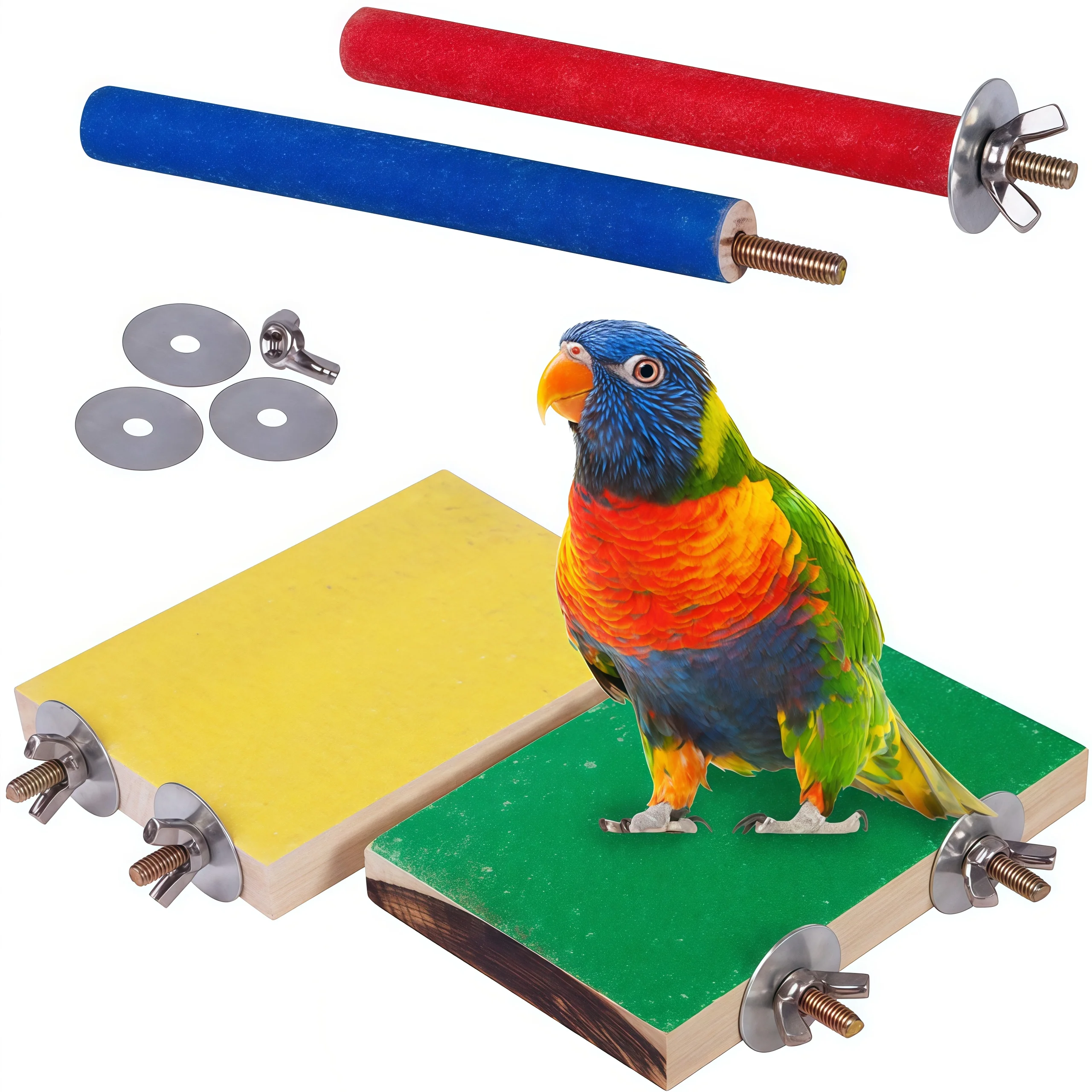 

4 PCS Bird Perch Stand Toy Parrot Wooden Stand Platform Colorful Sand Paw Grinding Stick Trim Beak for Small Medium Parakeet