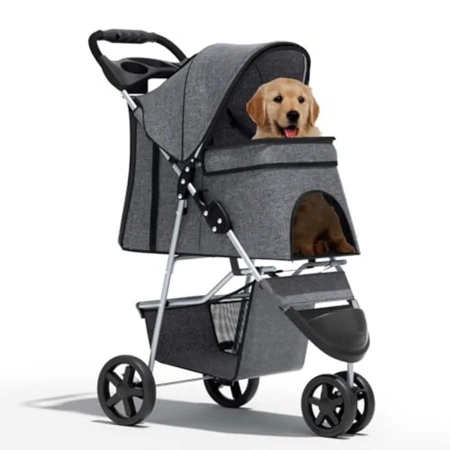 

Pet stroller for small dogs up to 10 lbs and medium dogs up to 30 lbs, cat stroller for 2 cats, 3-wheel foldable jogger with al