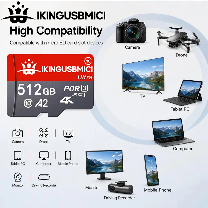 Quick Memory Card 512GB Micro TF SD Card 64GB SD Cards 32GB TF Cards Full HD V10 Waterproof for Drone/Smart TV/Phone