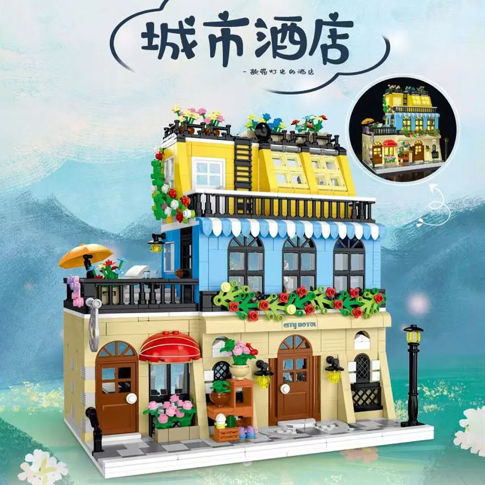 City Hotel Building Block Set with LED, Construction House Building Toy Gift for Adult Teen Age 14,Mini Bricks 1464pcs