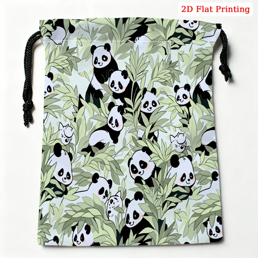 1Pc Panda Print Drawstring Bag Green Leaf Pattern Storage Small Pouch For Travel Organization Cosmetic Accessory Holder Portable
