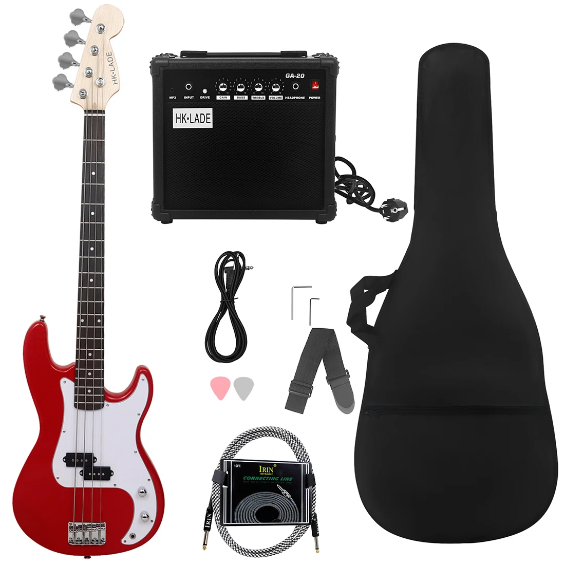 Red HK-LADE Electric Bass Set Rosewood Electric Bass Guitar Set with Amplifier Bag Strap Picks 3M connection line Accessories