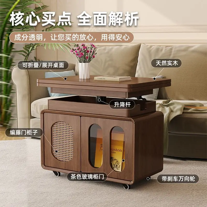 عربة طعام متنقلة قابلة للطي من الخشب الصلب لرفع القهوة والشاي والشاي متعددة الوظائف وغرفة معيشة مزدوجة الأغراض #4