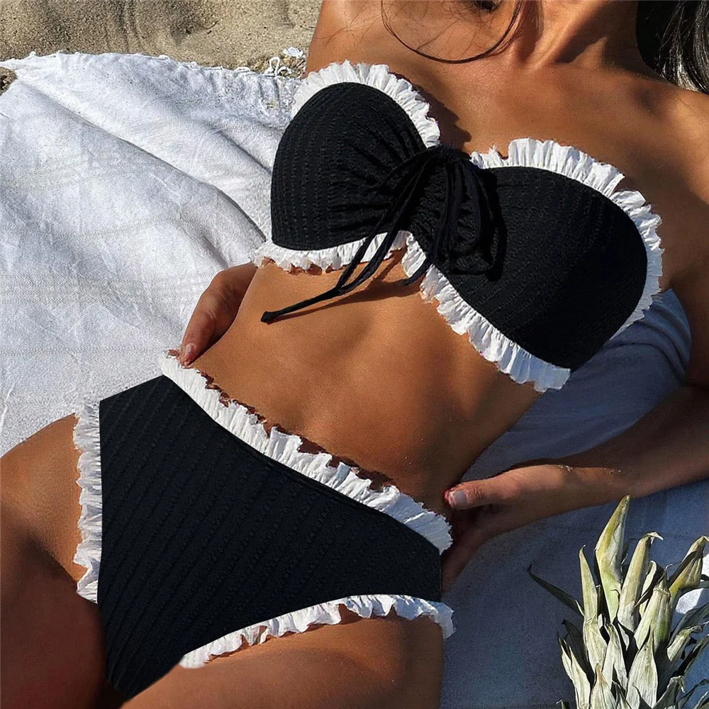 

Black Bandeau High Waist Bikinis Sets Ruffled Frill Swimwear Sexy Swimsuit Women 2025 Beach Swimming Wear Bikini Mujer Biquinis