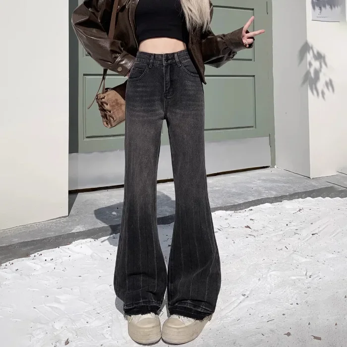 

Американские винтажные новые женские однотонные повседневные модные элегантные широкие брюки с высокой талией, прямые расклешенные джинсы, женские брюки