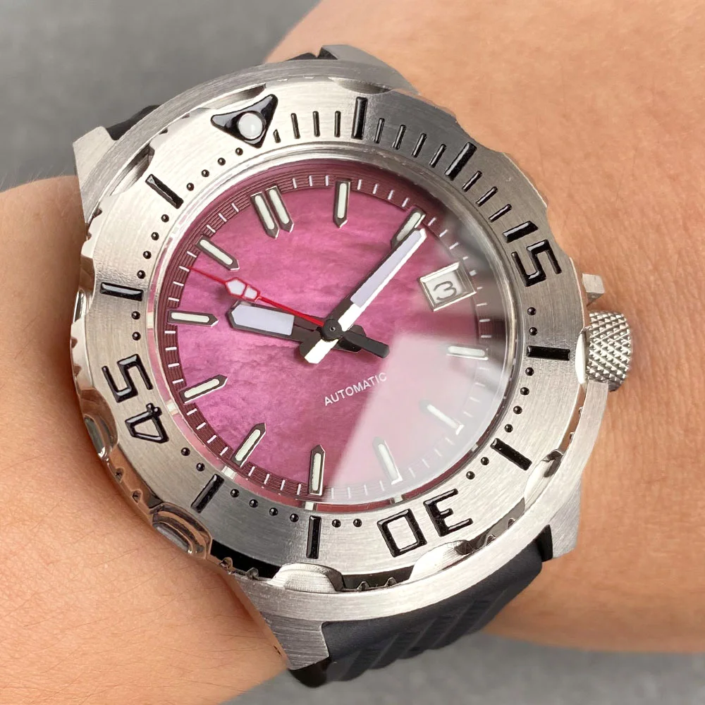 Tandorio 42mm New Rose Red Mother of pearl Shell Dial Sapphire Glass 200m Waterproof NH35A Movement Diving Monster Watches Men