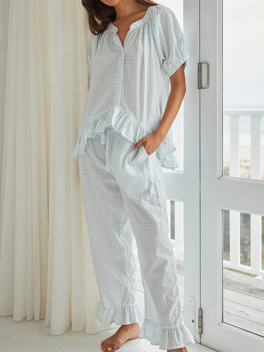 Women'S Two-Piece Pajama Set With Short Sleeves Buttons Checkered Bubble SleevesY2k  Top  Drawstring Pants Pajama Set